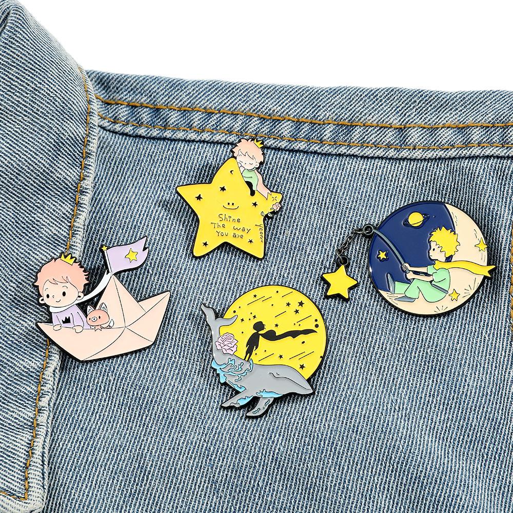 Cute Prince Fox Enamel Pins Custom Moon Star Paper Boat Whale Brooches Lapel Badges Cartoon Jewelry Gift for Kids Friends