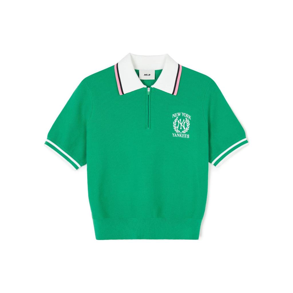 MLB College Style New York Yankees Striped Short Zip Short Sleeve Polo Shirt Women Polo Shirts Green 3FKPV0543-50GNN