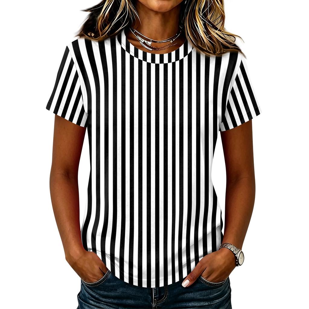 Women's Casual Crew Neck Short Sleeve Pullover T-Shirt Vertical Stripe Print Top Lightweight Soft Fabric Summer Wear