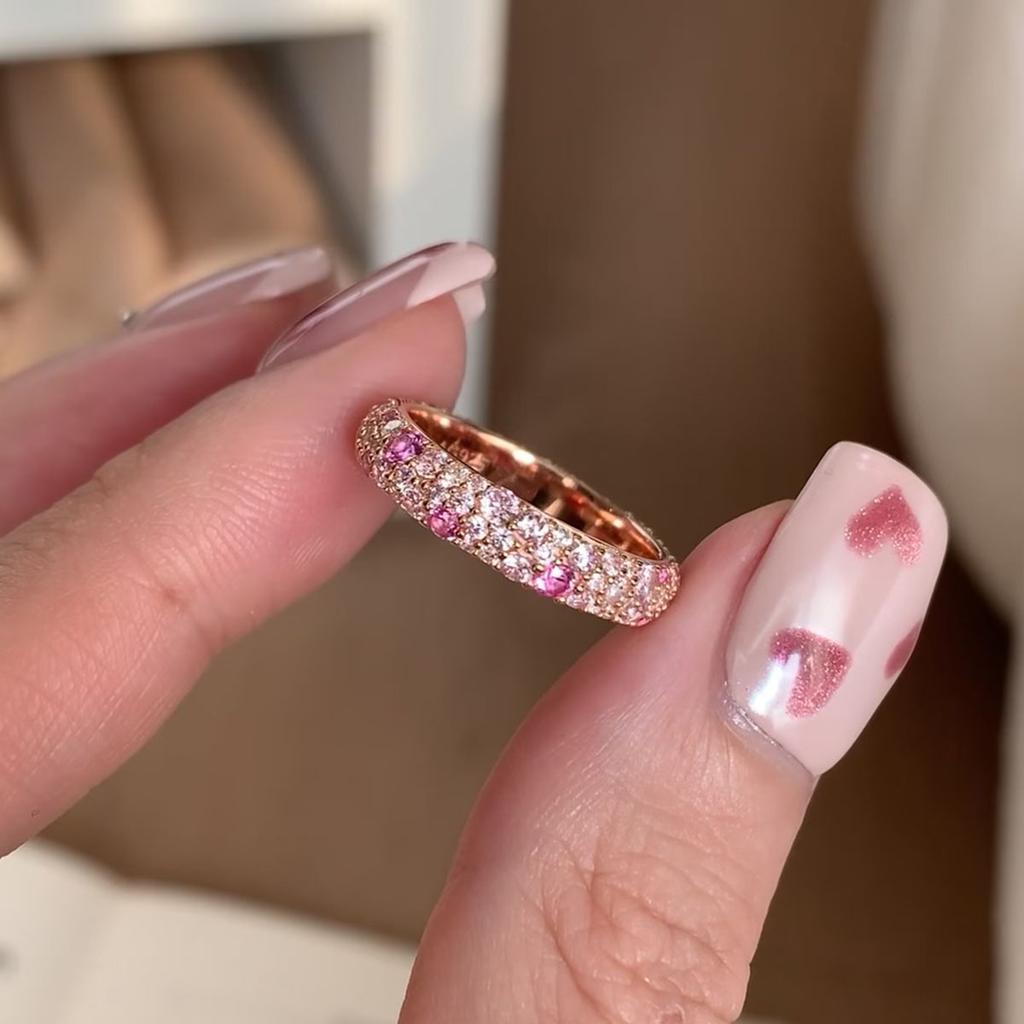 Rose Gold Gradual Change Peach Pink White Diamond Dense Inlaid Beads Stacked Ring Elegant Light Luxury High Sense Ring
