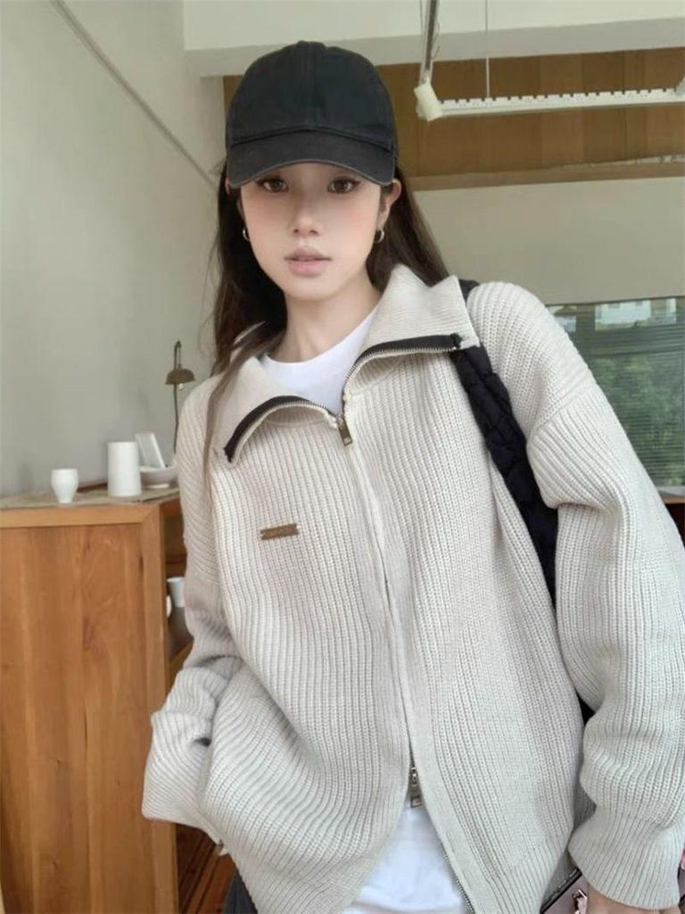 Double Zipper Knitted Cardigan: Retro Hong Kong Style Loose Slimming Women's Hoodie
