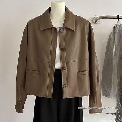 Women's Short Solid Color Leather Jacket - 2025 Spring/Autumn Collection