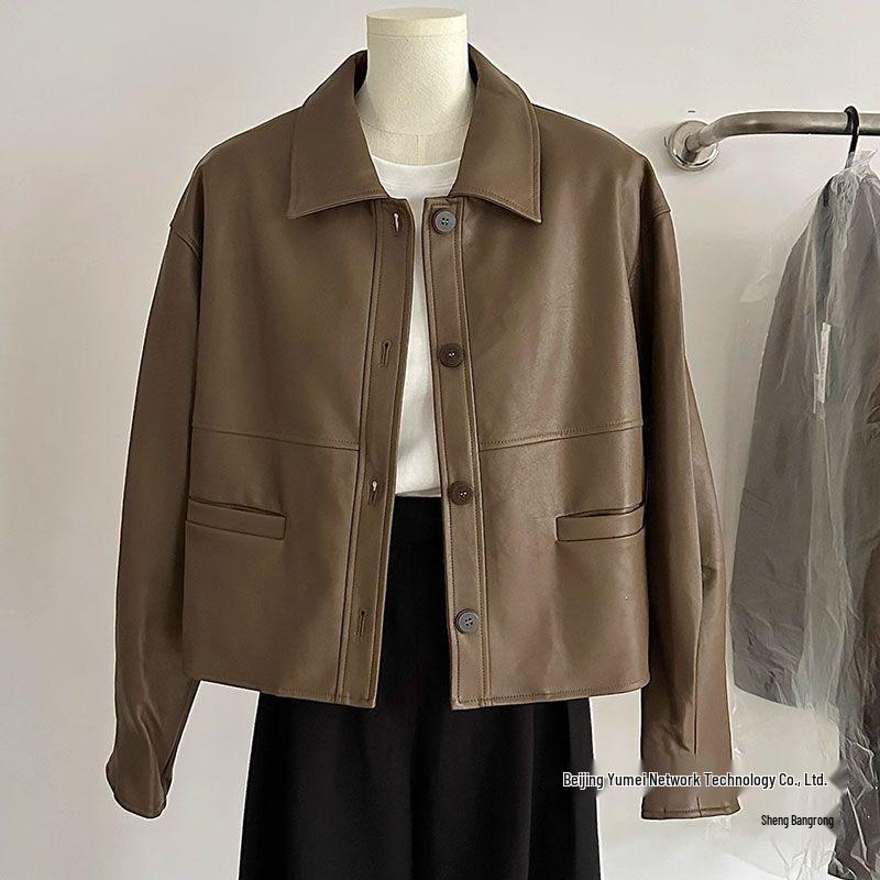 Women's Short Solid Color Leather Jacket - 2025 Spring/Autumn Collection