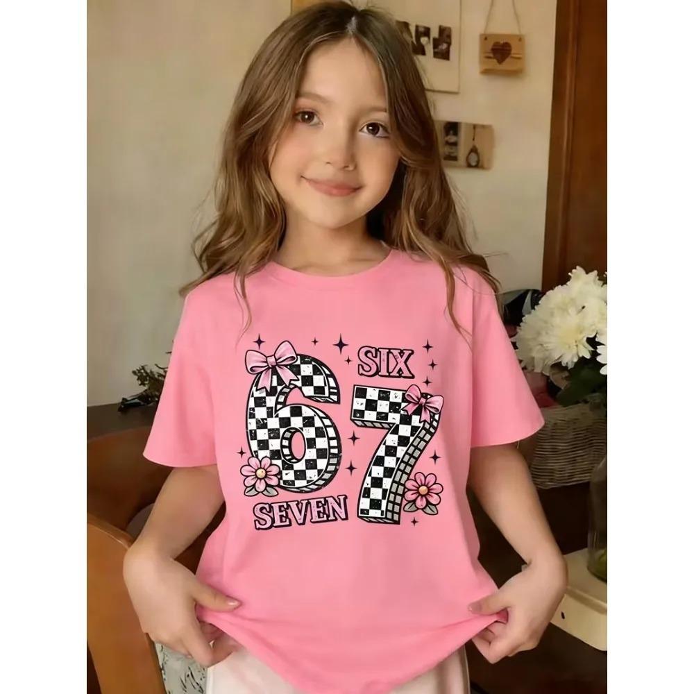 Summer Fashion 67 Bowknot Flower Printer Children's T-shirt Fashion Kids Clothing Casual Boys Girls Short Sleeve Trendy Tees Tops