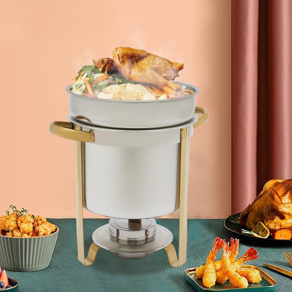 7.4 Qt Gold Stainless Steel Round Soup Chafer Buffet Serving Set with Lid & Handle – Modern Food Warmer for Catering, Weddings