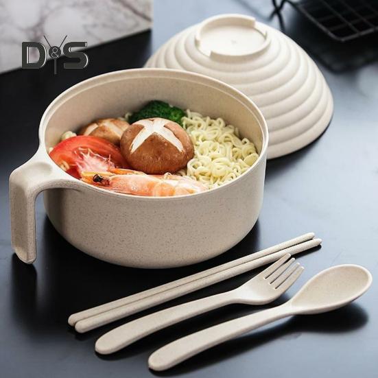 1 Set Multi-use Noodle Bowl Food Grade Heat-resistant with Lid And Tableware Kitchen Student Dormitory Use