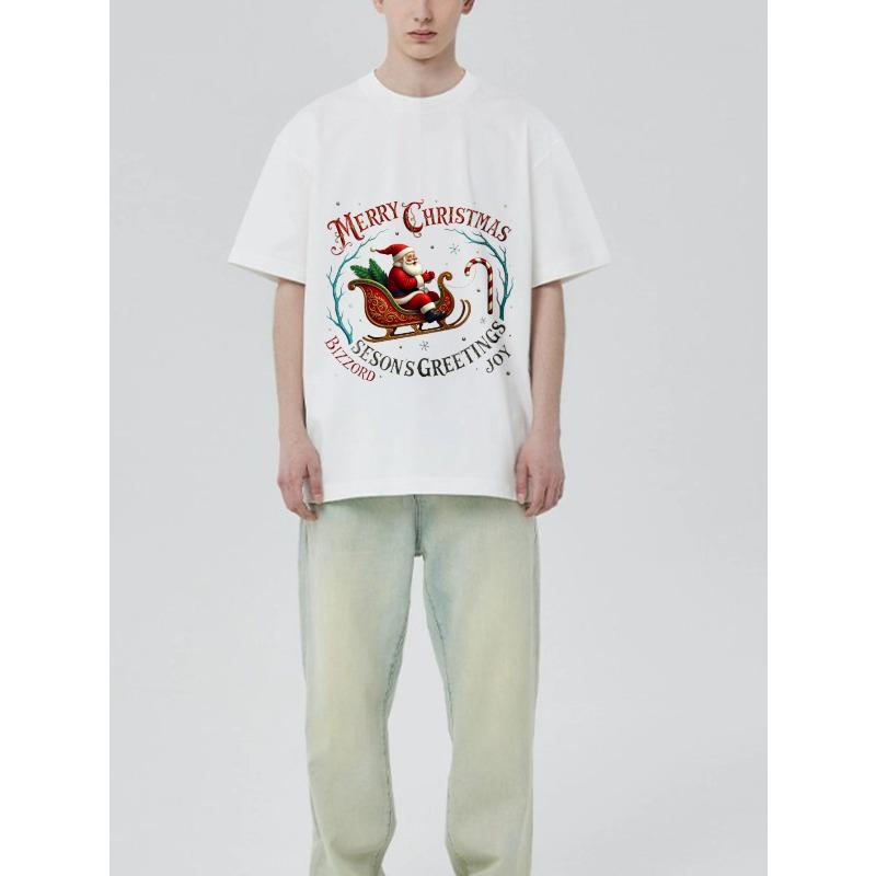 Christmas T-Shirt Black Santa Claus Sleigh and Candy Cane Print Merry Christmas Seasons Greetings Joy Text Design for Holiday Party Casual Wear