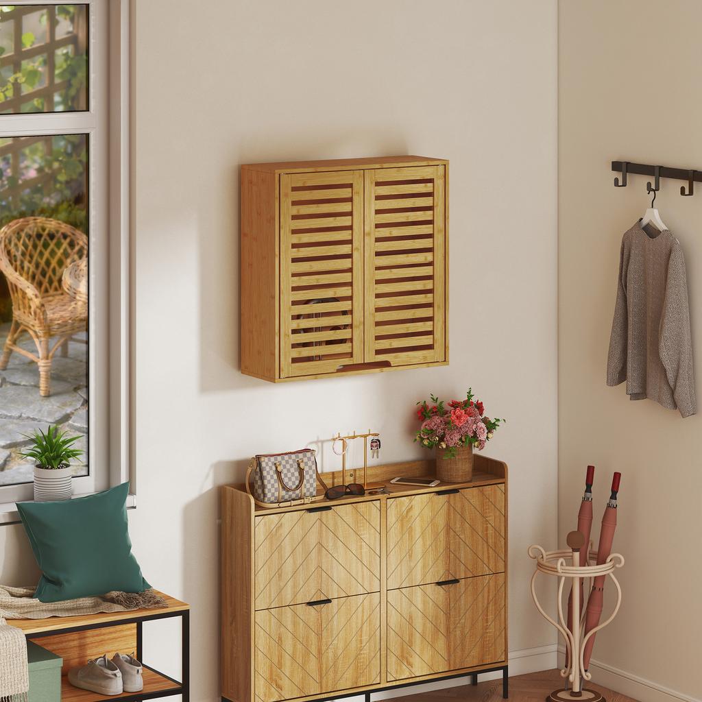Bathroom Cabinet Wall Cabinet Made of Bamboo with Breathable Louvered Doors, Adjustable Shelf 60 X 20 X 60 Cm Natural Wood