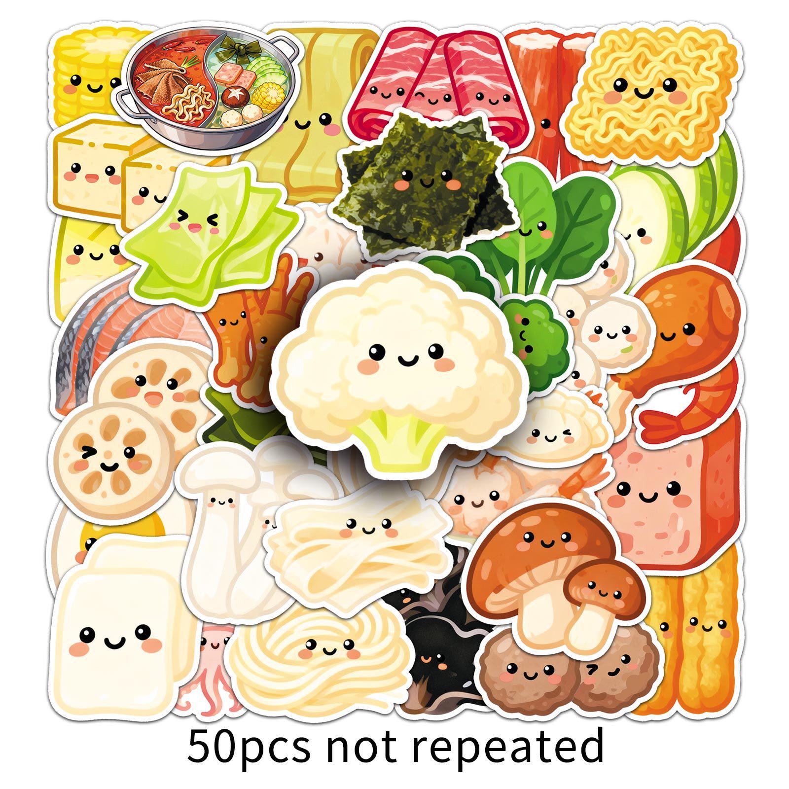 

50 Cartoon Hot Pot Ingredients Stickers: Cute Expressions & Creative Food Patterns for Guitar, Water Bottle, Phone Case