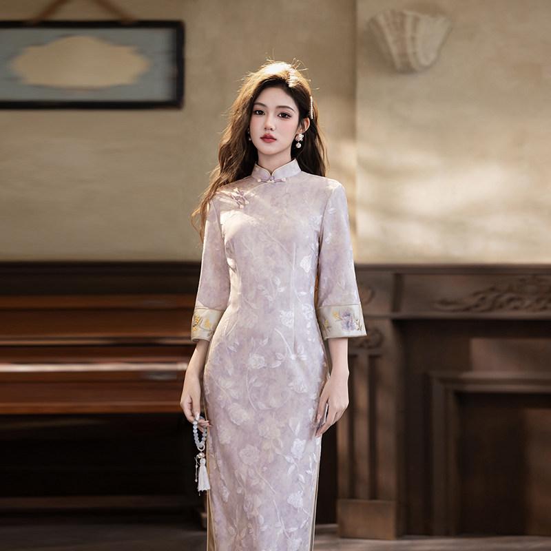 Purple National Style New Chinese Suzhou Long-sleeved Autumn Cheongsam Improved Young 1011 New Women's High-end Feeling Spring and Autumn