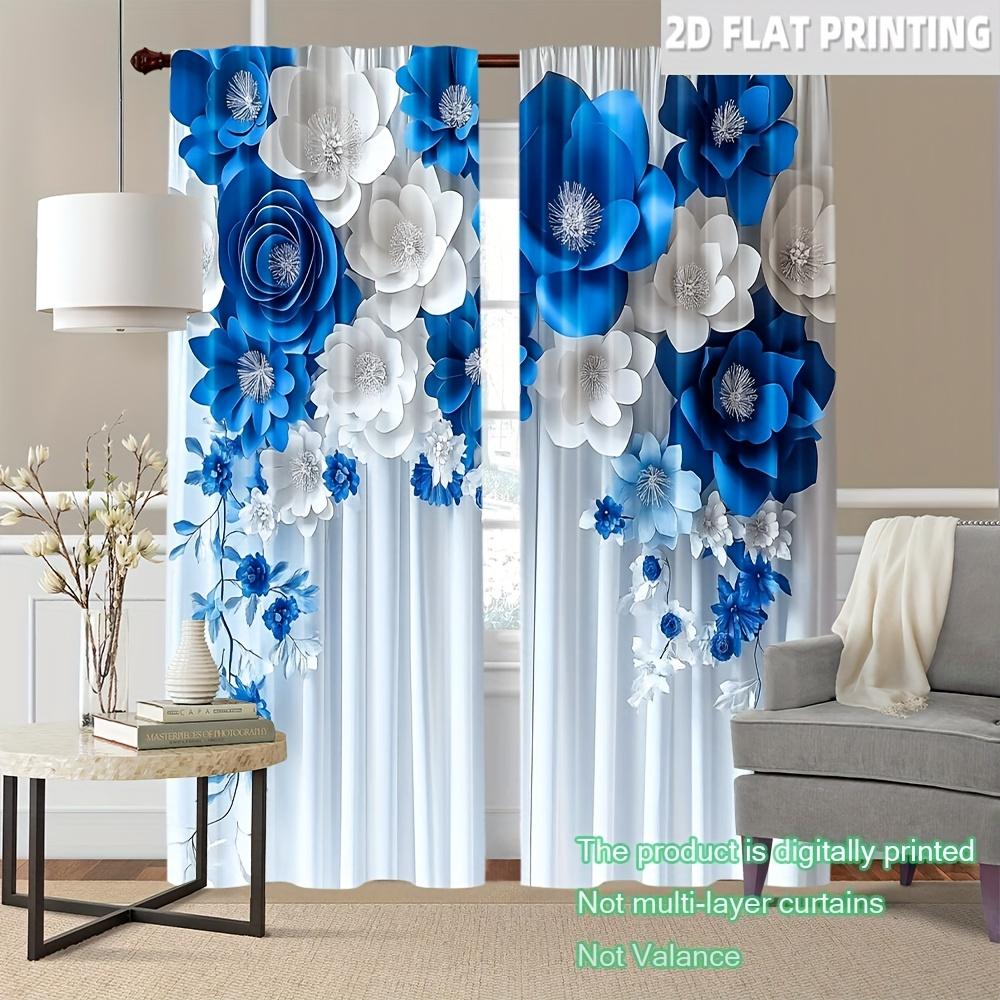 Set Of 2 Blue Floral Curtains Bedroom Living Room Study Office Curtain Blackout For Sitting Made Polyester With Rod Pocket