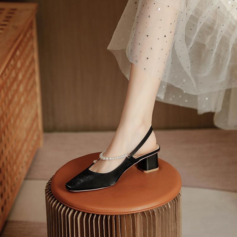 High-heeled bag head sandals women's summer 2025 new square head back strap pearl sexy fairy wind thick heel medium heel single shoes