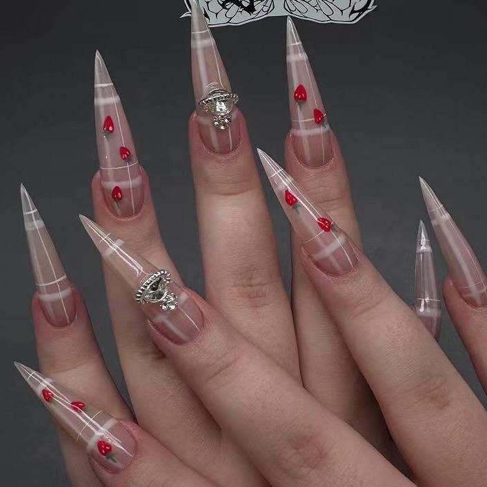

24-Piece Y2K Plaid Strawberry Long Pointed False Nails