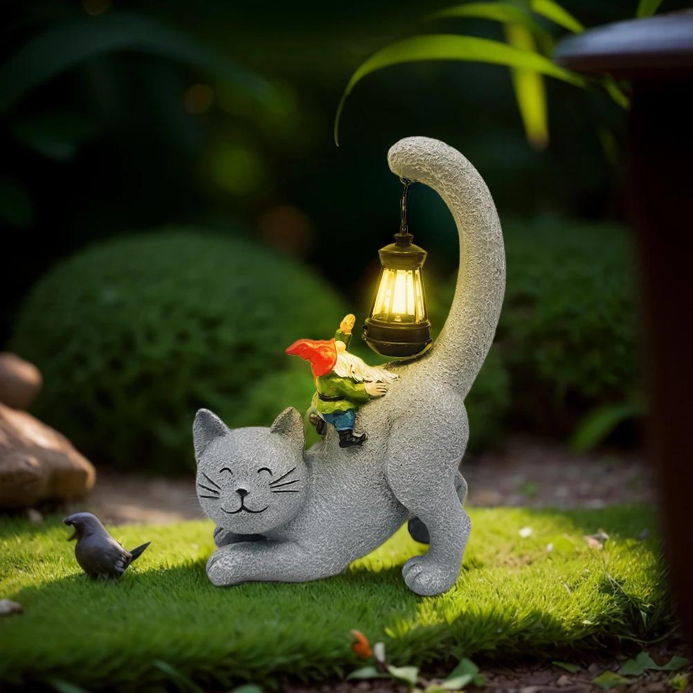 Katzenstatue aus Kunstharz mit Solarlaterne mit solarbetriebenem LED-Licht Solargarten-Katzenstatue mit Solarlaterne Katzenfigur für den Außenbereich