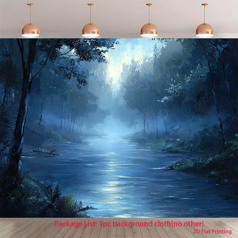 

2D Blue Foggy Forest River Backdrop 2D Watercolor Painting Photo Background for Themed Shoot 47.2x31.5inch/120*80cm