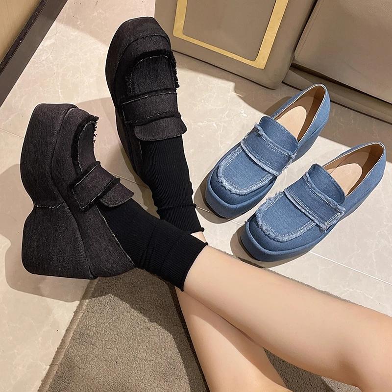 New High Heel Women Shoes Platform Women Denim Shoes Slip On Thick High Heels Fashion Woman Round Toe Chunky Heels D25