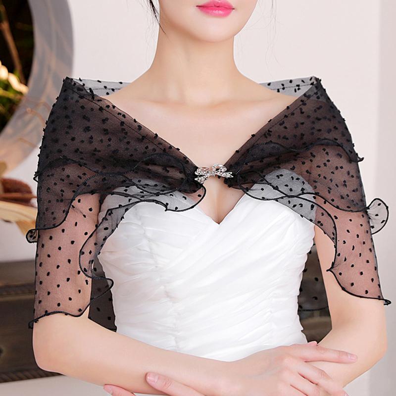 1 st Bröllopssjal Tyll Sjal Kappa Dropship Prickig Klänningstillbehör Diamantknapp Strass Rosett Bal Capelet