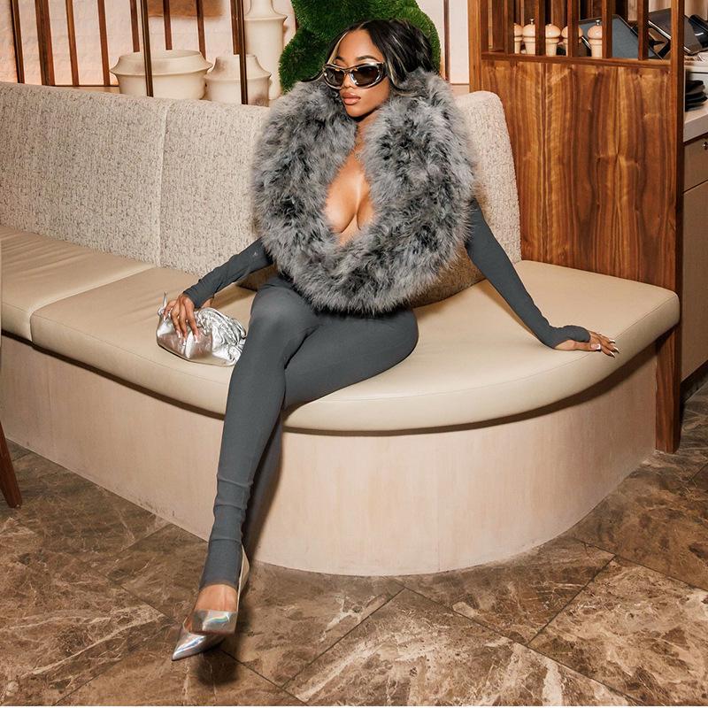 European Fashion Spicy Girl Autumn/Winter 2025 Women's Long Sleeve Fur Bodysuit Tights