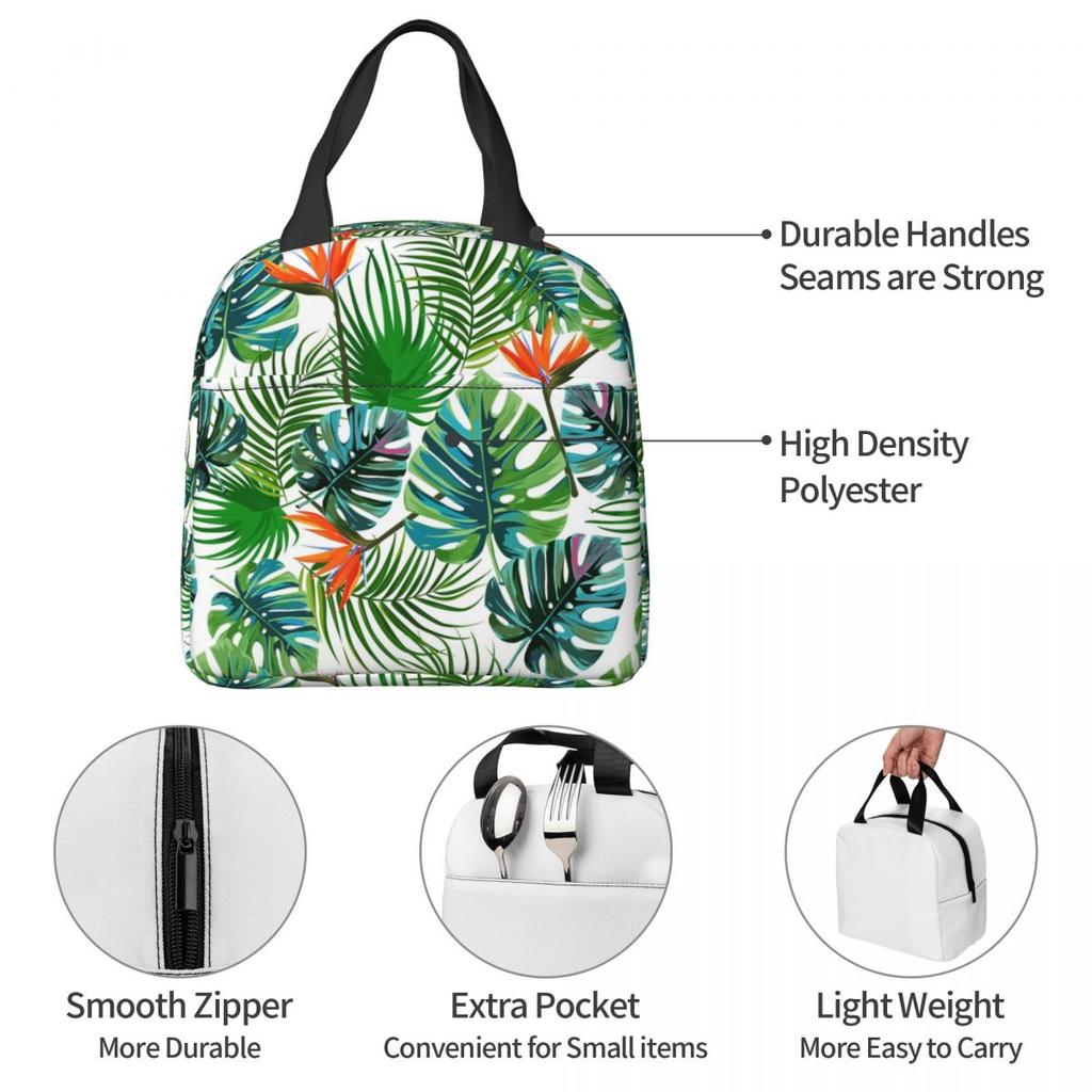 Tropical Green Leaves And Flowers Pattern Insulated Lunch Bag for Women Kids Portable Food Boxes Thermal Lunch Box Tote