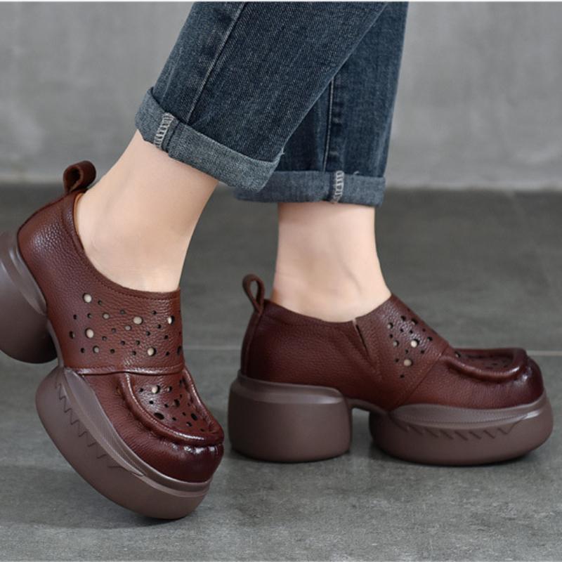 Johnature Thick Soled Retro Hollow Sandals Versatile Genuine Leather High Heels Women's Platform Shoes