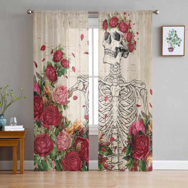 Vorhänge mit rotem Blumen- und Pflanzenmotiv, drapieren, transparenter Tüll, Heimdekoration, Wohnzimmer, Schlafzimmer, Cortinas, Chiffon-Fenstervorhänge