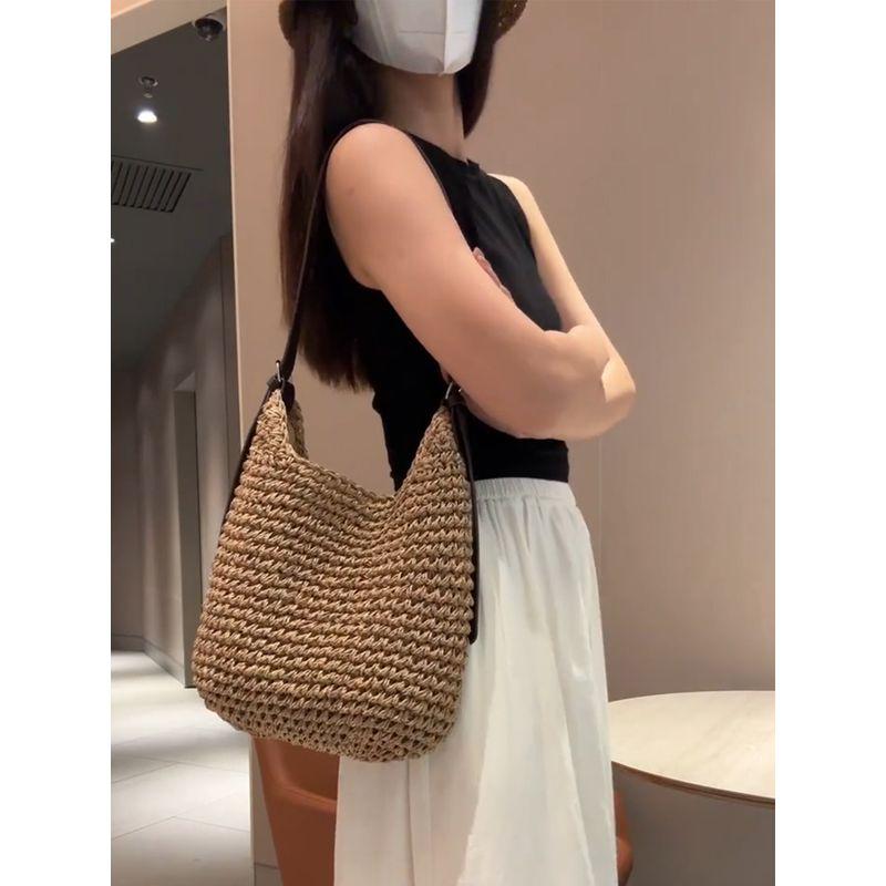

Модная плетеная сумка из рафии женская 2025 новая летняя супер популярная универсальная сумка-ведро для отпуска на плечо/подмышку Kakh