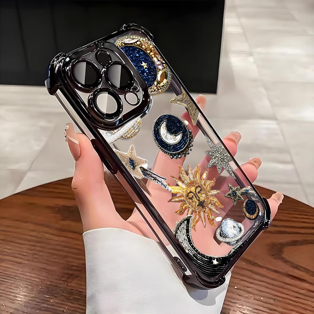 Retro Sun Star Pattern Electroplate AntiDrop Phone Case For iPhone 16 Pro Max 15 14 Plus 13 12 11 17 Air 16E Transparent Cover
