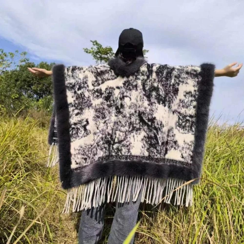 Custom Made Women Loose Faux Fur Ball Winter Warm Cardigan Shawl Cape Oversize Lining Velvet Cloak Overcoat Poncho Overcoat