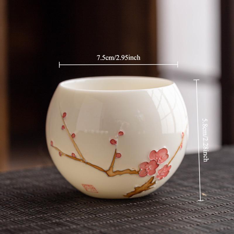 Hand Drawn Relief Sheep Fat Jade High End Ceramic Tea Cup Single Cup