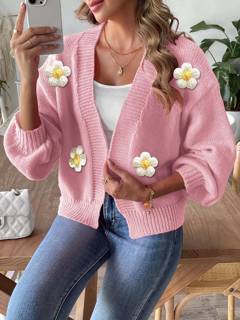 Damen Grobstrick Offene Vorderseite Cardigan mit 3D Blumen Applikationen Langarm Lässig Locker Sitzender Pullover