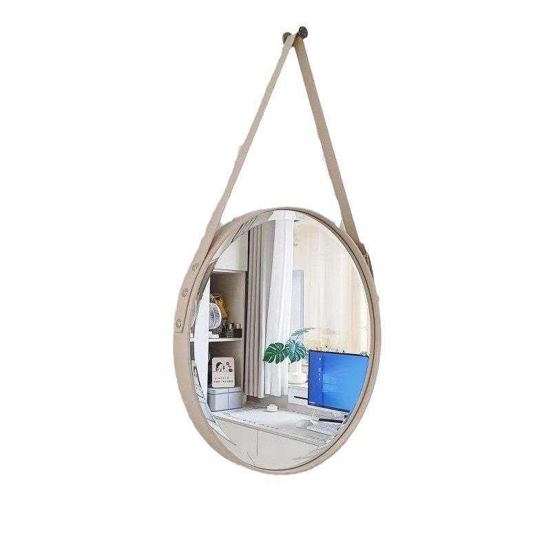 Round HD Wall-Mounted Vanity Mirror with Adjustable Leather Strap for Bathroom/Bedroom