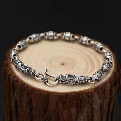 Lucky Six -Character Mantra Perlenkopf Drache Silber Armband für Männer Retro-Stil Modeschmuck Accessoires Geschenke 