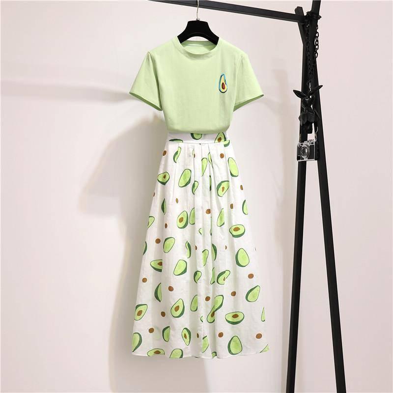

Женский летний винтажный комплект из двух предметов, тонкая футболка с коротким рукавом, юбка с фруктовым принтом, костюм с высокой талией, длинная плиссированная юбка, повседневный костюм L