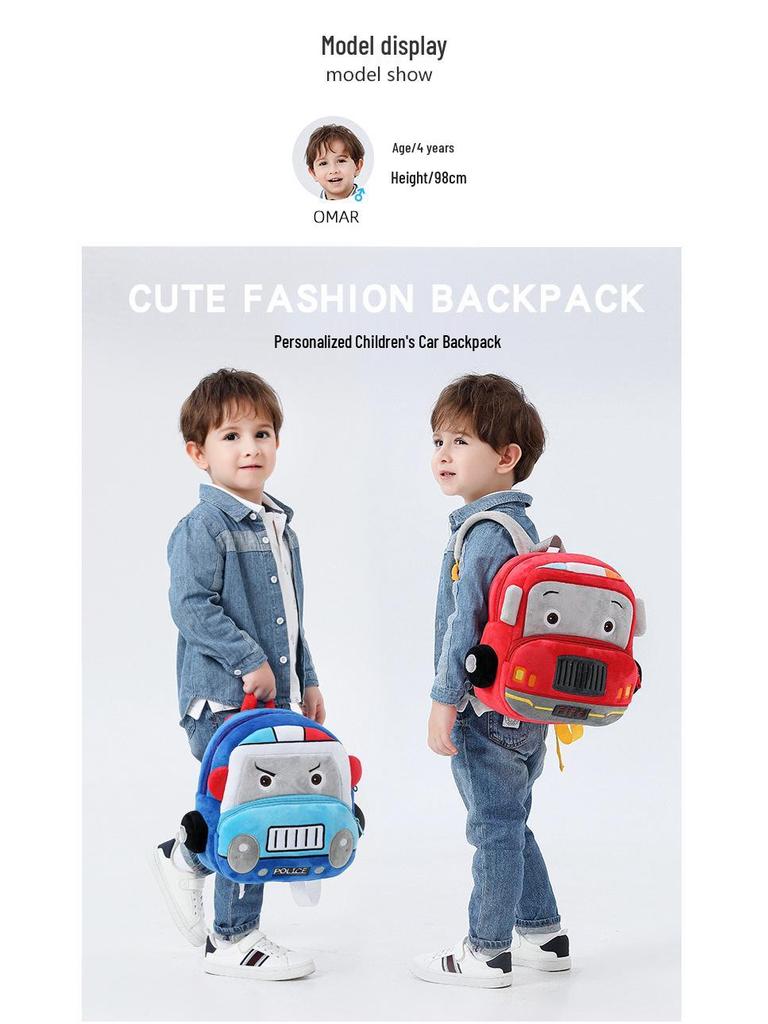 Customizable Plush Cartoon Car Backpack for Kids 2-4, Printed with Logo - Perfect for Kindergarten.