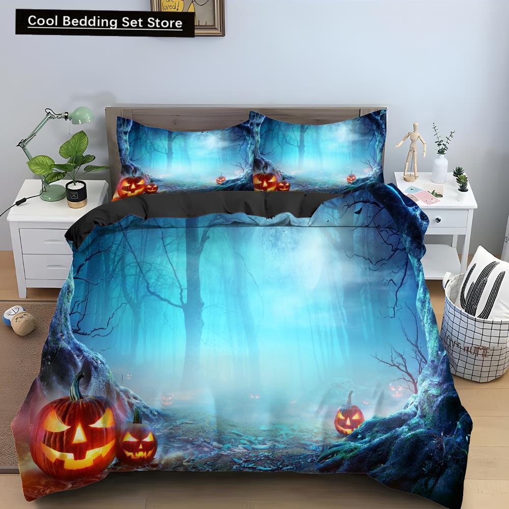 Halloween Horror Pumpkin King Queen Duvet Cover Night Witch Bedding Set Bat Moon Quilt Cover 2/3pcs Polyester Comforter Cover
