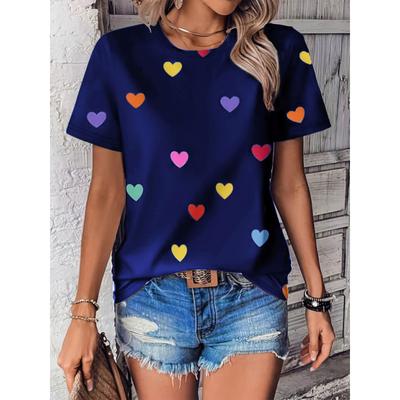 Spring and Autumn Round Neck Colorful Heart Print Casual Loose Retro Summer Short SleeveTShirt