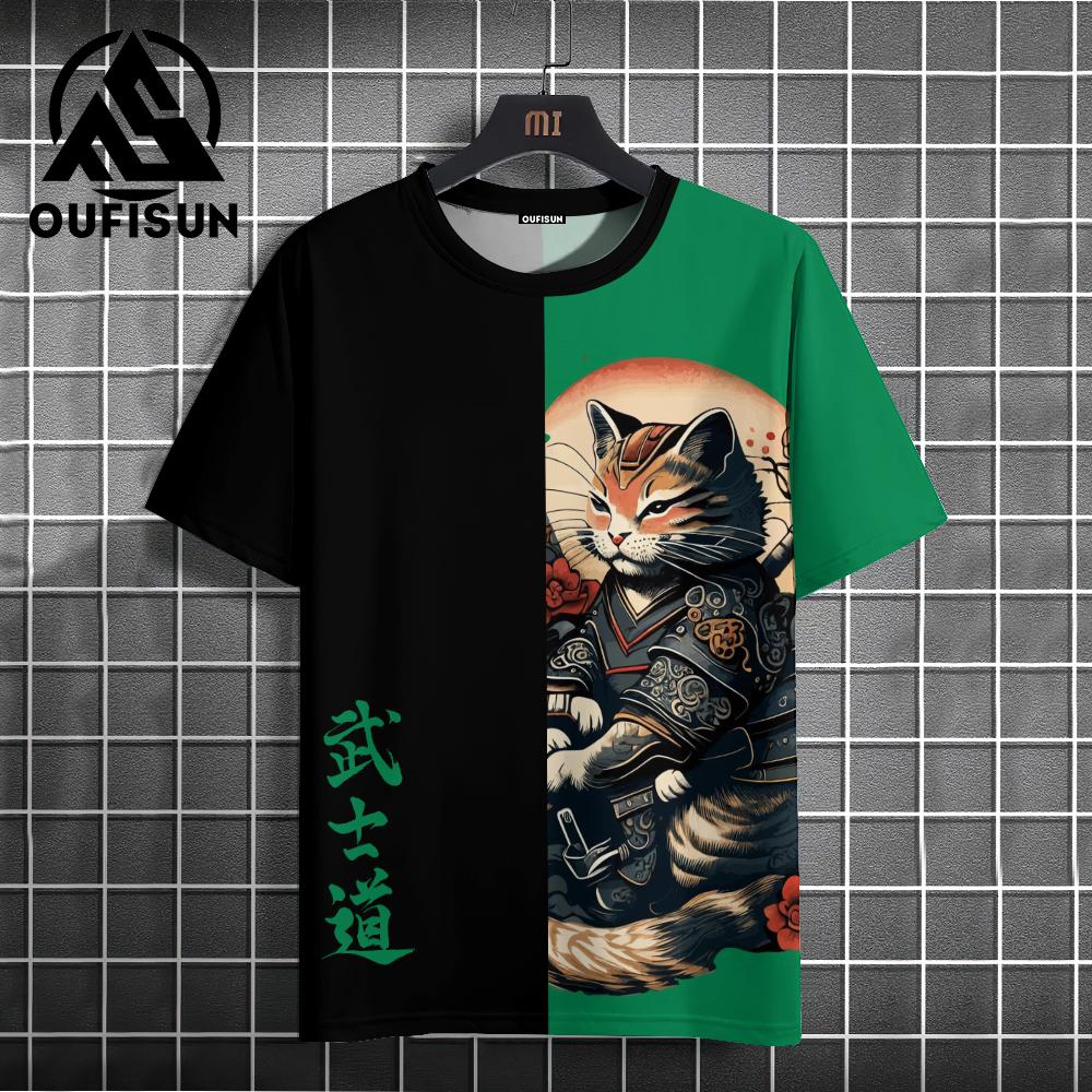 Men's T-Shirt Cartoon Cat Graphic Japanese Samurai Print Casual Pullover For Men Top Loose Short Sleeve Tees Men's Clothing Tops