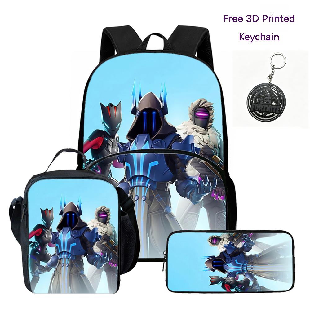 FORTNITE 3Pcs School Kit Lightweight Backpack Front Pocket Lunch Pouch Pencil Bag For Kids Age 6-10,Free 3D Printed Keychain