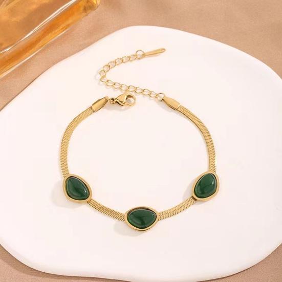 Women Jewelry Set Faux Emerald Decor Polished Snake Bone Chain Necklace Hanging Earrings Bracelet Titanium Steel Formal Occasion Party