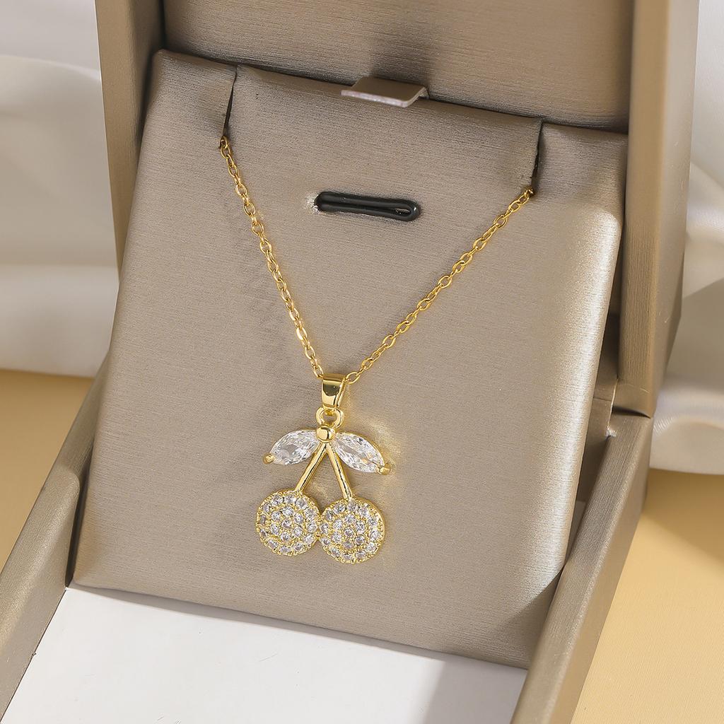 Shiny Cute Zircon Cherry Pendant Necklaces for Women Girls Stainless Steel Chain Kpop Sweet Collar Jewelry Accessories Gifts