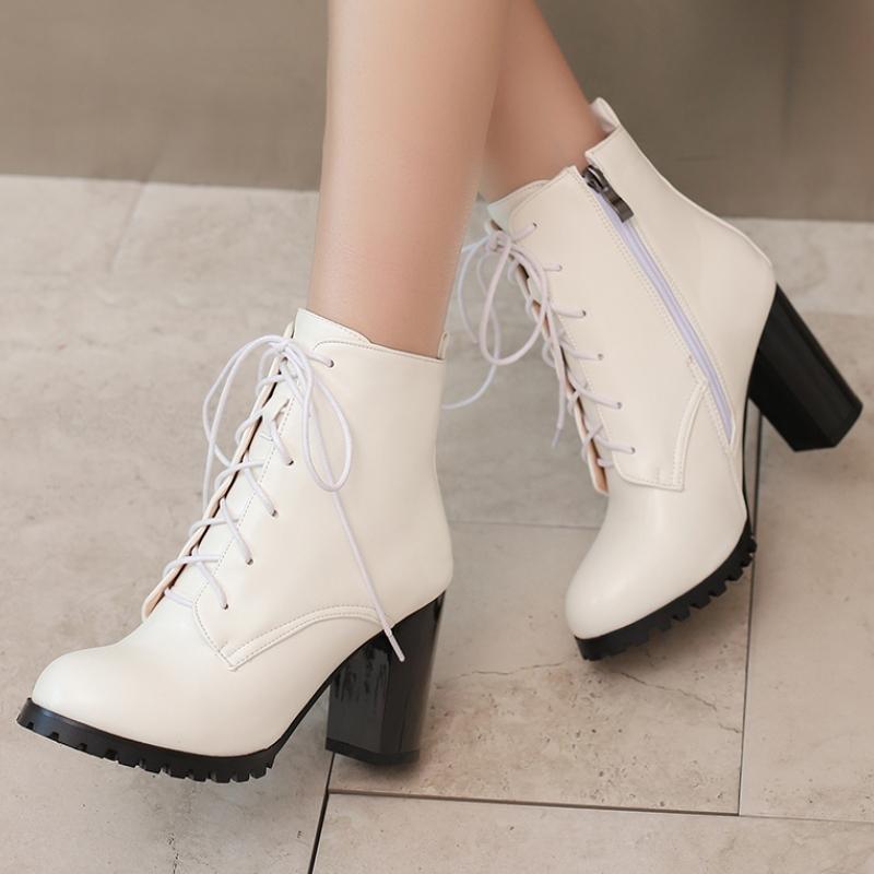 White Silver Women's Ankle Boots Autumn Winter Short Boot Shoes Black Lace-up Block High Heels Party Footwear Large Size 45 50