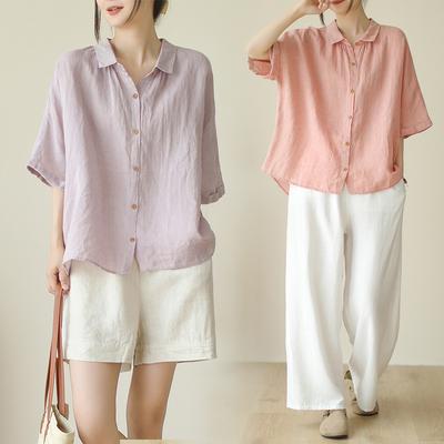 Summer Literature Solid Color Linen Shirt French Retro Style Loose Shirt Top for Women Blouses & Shirts