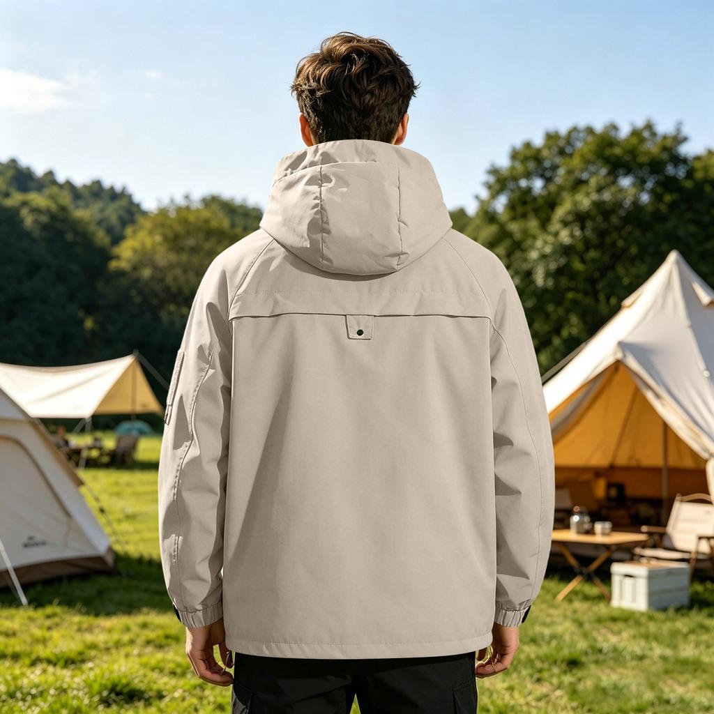 Men's Outdoor Hooded Jacket Thickened Loose Fit Windproof Waterproof Breathable Lightweight Shell for Hiking Camping