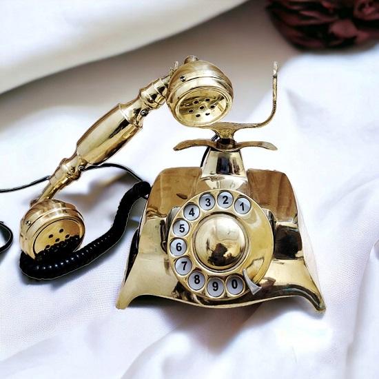 Vintage telefon s otočným ciferníkem, starožitný svícen na pevnou linku, mosazný mosazný telefon pro pokojovou výzdobu, ruční výroba