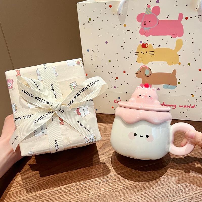 Gift Super Cute Pudding Mug Household Ceramic Water Cup with Lid Spoon Coffee Cup Souvenir