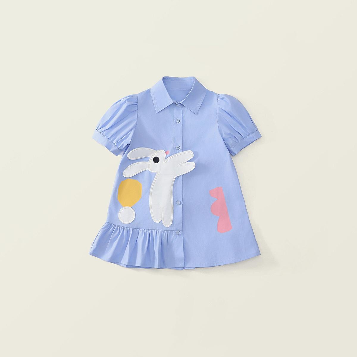 

Girls Dress Pure Cotton Bubble Sleeve Shirt Dress Baby Cartoon Rabbit Princess Dress Casual Daily Skirt 90cm синій