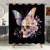 1 Stück Gothic Totenkopf & Schmetterlinge Duschvorhang - Lebhaftes Blau, Lila, Rosa Blumendesign auf Schwarzem Hintergrund, 70x70 Zoll