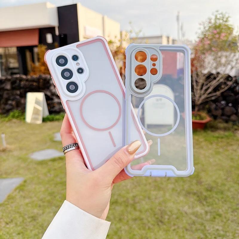 Transparent Magnetic Contrasting Color Borders Case for Samsung Galaxy S26 Ultra S2 S24 S23 Ultra S26 Plus Shockproof Cover
