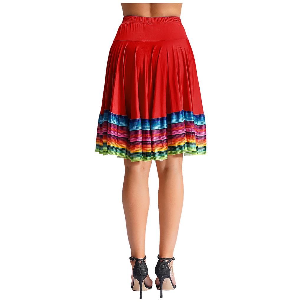 Womens Flamenco Dance Skirt Colorful Stripe Hem Elastic Waistband Folk Dancing Stage Performance Costume