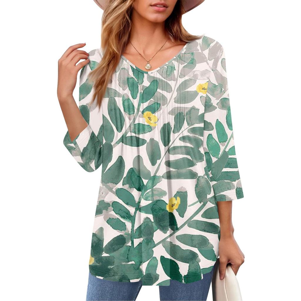 ქალის ტოპები V-კისრით, სამი მეოთხედი სახელოებით, ზოლიანი, პლისირებული, ყოველდღიური, საზაფხულო, მოდური პერანგი ტოპი